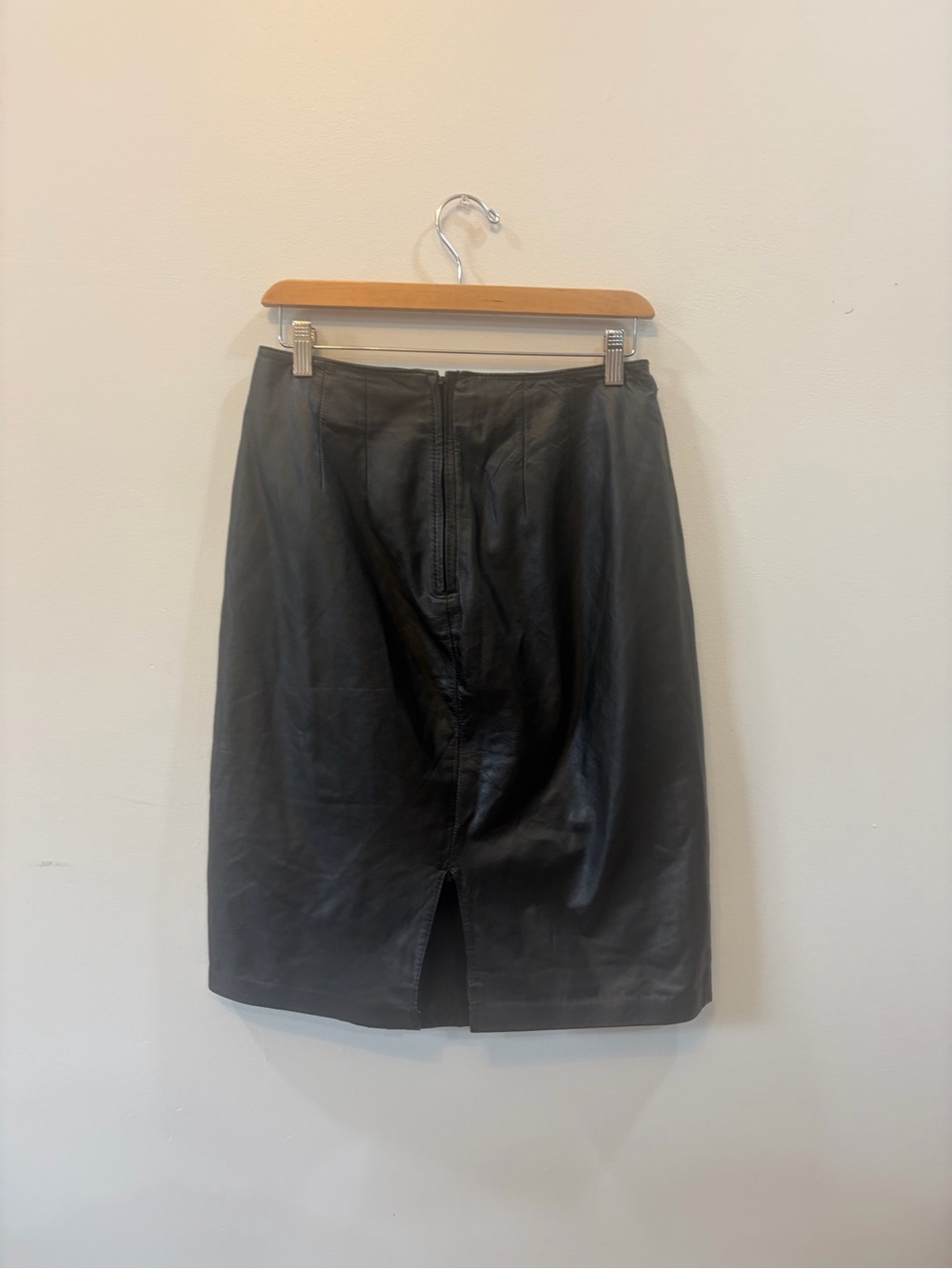 Women's Black Leather Pencil Skirt with Back Slit